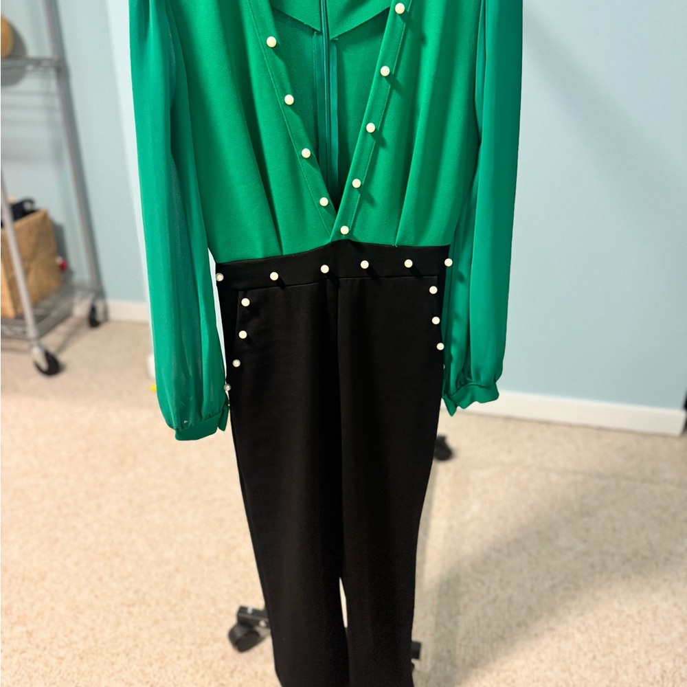Italian Designer Elegant Green and Black Jumpsuit with Pearl Accents